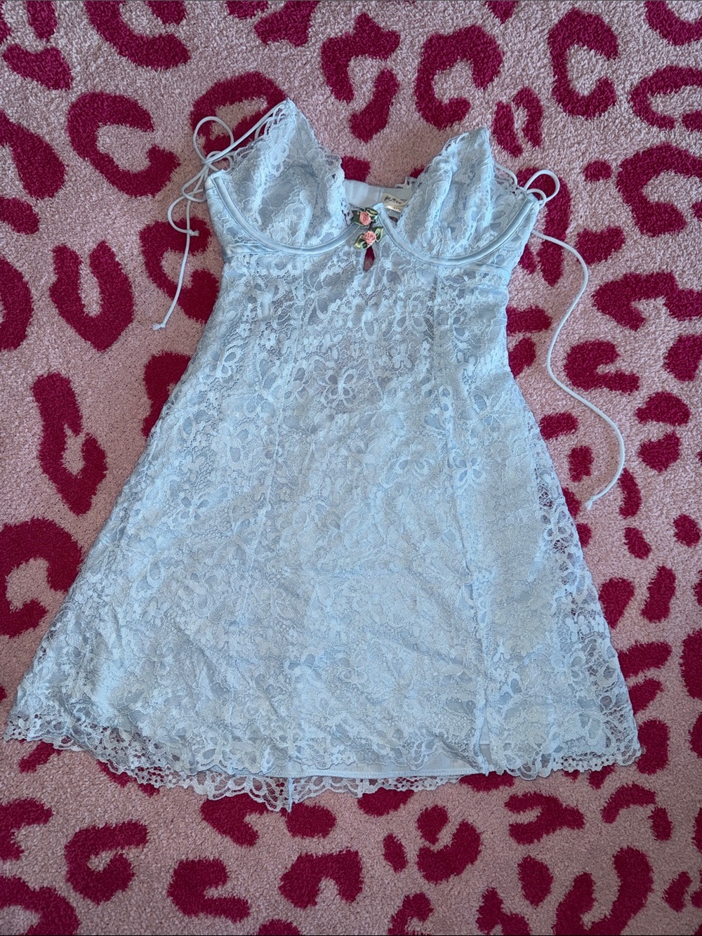 For Love And Lemons Light Blue Lace Slip with Floral Charm